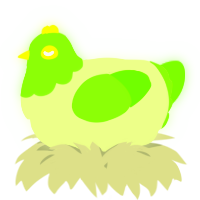 A apple and grass chicken with a head pattern