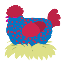 A sapphire and crimson chicken with a speckle pattern