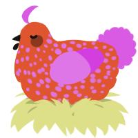 A vermilion and orchid chicken with a speckle pattern