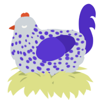 A mist and indigo chicken with a speckle pattern