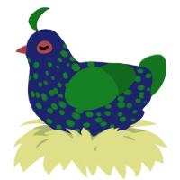 A navy and leaf chicken with a speckle pattern