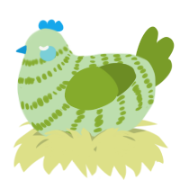 A gluppy and chartreuse chicken with a bar pattern