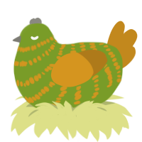 A chartreuse and ochre chicken with a bar pattern