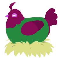 A viridian and wine chicken with a head pattern