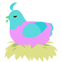 A lavender and aqua chicken with a head pattern
