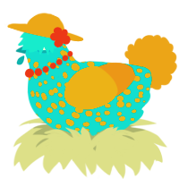 A cerulean and ochre chicken with a speckle pattern