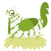 Matcha, a white and chartreuse chicken with a bar pattern