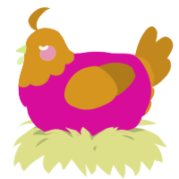 A fuchsia and ochre chicken with a head pattern