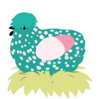 A turquoise and rose chicken with a speckle pattern