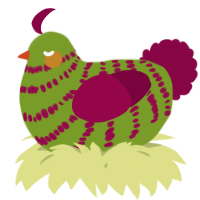 A chartreuse and maroon chicken with a bar pattern