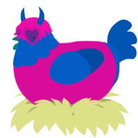 A fuchsia and ultramarine chicken with a head pattern