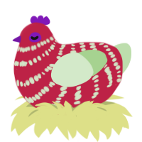 Carnival, a crimson and gluppy chicken with a bar pattern