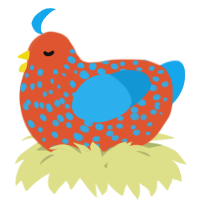 A vermilion and sky chicken with a speckle pattern