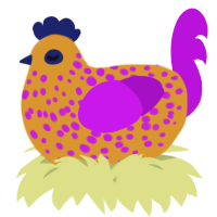 A orange and amethyst chicken with a speckle pattern