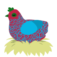 RGB, a crimson and cerulean chicken with a double-lace pattern