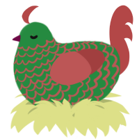 A viridian and red chicken with a lace pattern