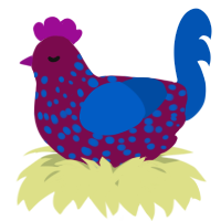 A wine and ultramarine chicken with a speckle pattern