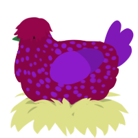 A maroon and violet chicken with a speckle pattern