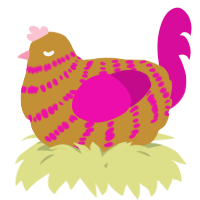 A gold and fuchsia chicken with a bar pattern