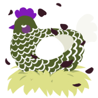 A olive and white chicken with a lace pattern