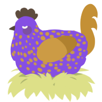 A blurple and gold chicken with a speckle pattern