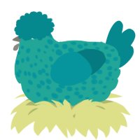 A turquoise and teal chicken with a speckle pattern