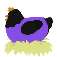 A blurple and black chicken with a head pattern