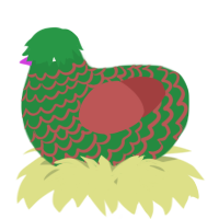 A viridian and red chicken with a lace pattern