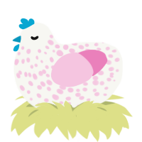 A white and pink chicken with a speckle pattern