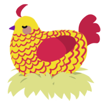 A yellow and crimson chicken with a lace pattern