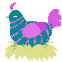 A teal and orchid chicken with a bar pattern