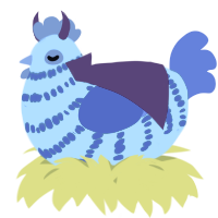A plum and yellow chicken with a bar pattern