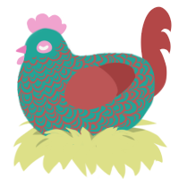 A turquoise and red chicken with a double-lace pattern