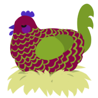 A maroon and chartreuse chicken with a lace pattern