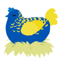 A ultramarine and yellow chicken with a half-lace pattern