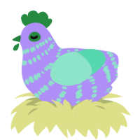 A lilac and mint chicken with a bar pattern