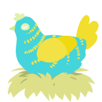 A aqua and yellow chicken with a half-bar pattern