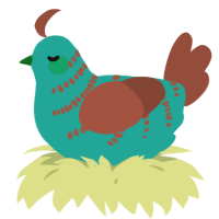 A turquoise and russet chicken with a half-bar pattern