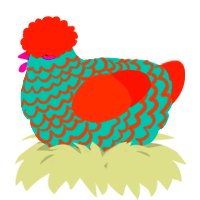 A turquoise and vermilion chicken with a lace pattern