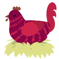 A maroon and crimson chicken with a bar pattern