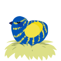 A ultramarine and yellow chicken with a bar pattern