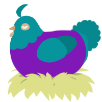 A violet and teal chicken with a head pattern