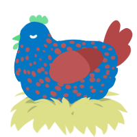 A sapphire and red chicken with a speckle pattern