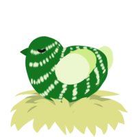 Pickle, a leaf and apple chicken with a bar pattern