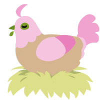Cupcake in wrapper, a beige and pink chicken with a head pattern