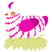 A white and fuchsia chicken with a bar pattern
