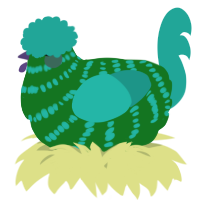 A leaf and turquoise chicken with a bar pattern