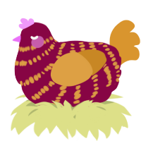 A maroon and orange chicken with a bar pattern