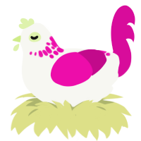 A white and fuchsia chicken with a neck-speckle pattern