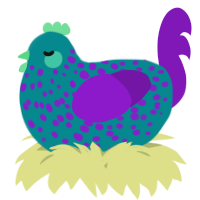 A teal and violet chicken with a speckle pattern